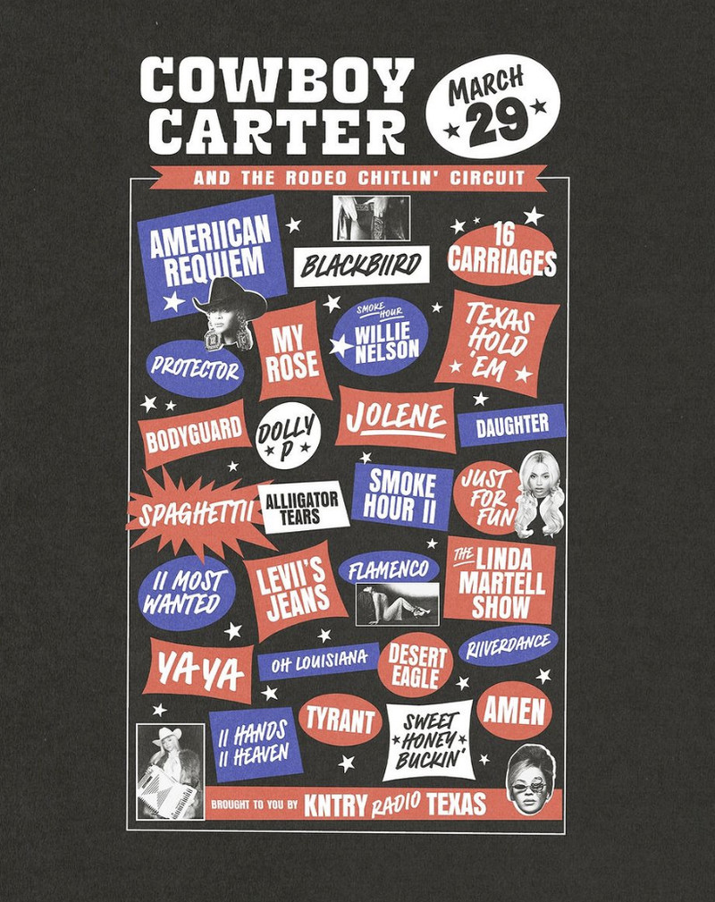 A red, white, blue, and black graphic shows track names with the text “Cowboy Carter and the Rodeo chitlin’ Circuit, March 29.”