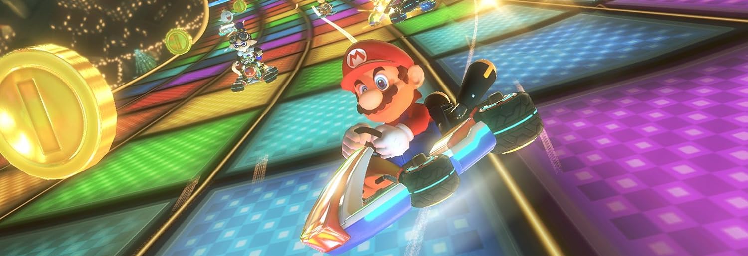 Mario racing on a neon track in Mario Kart.