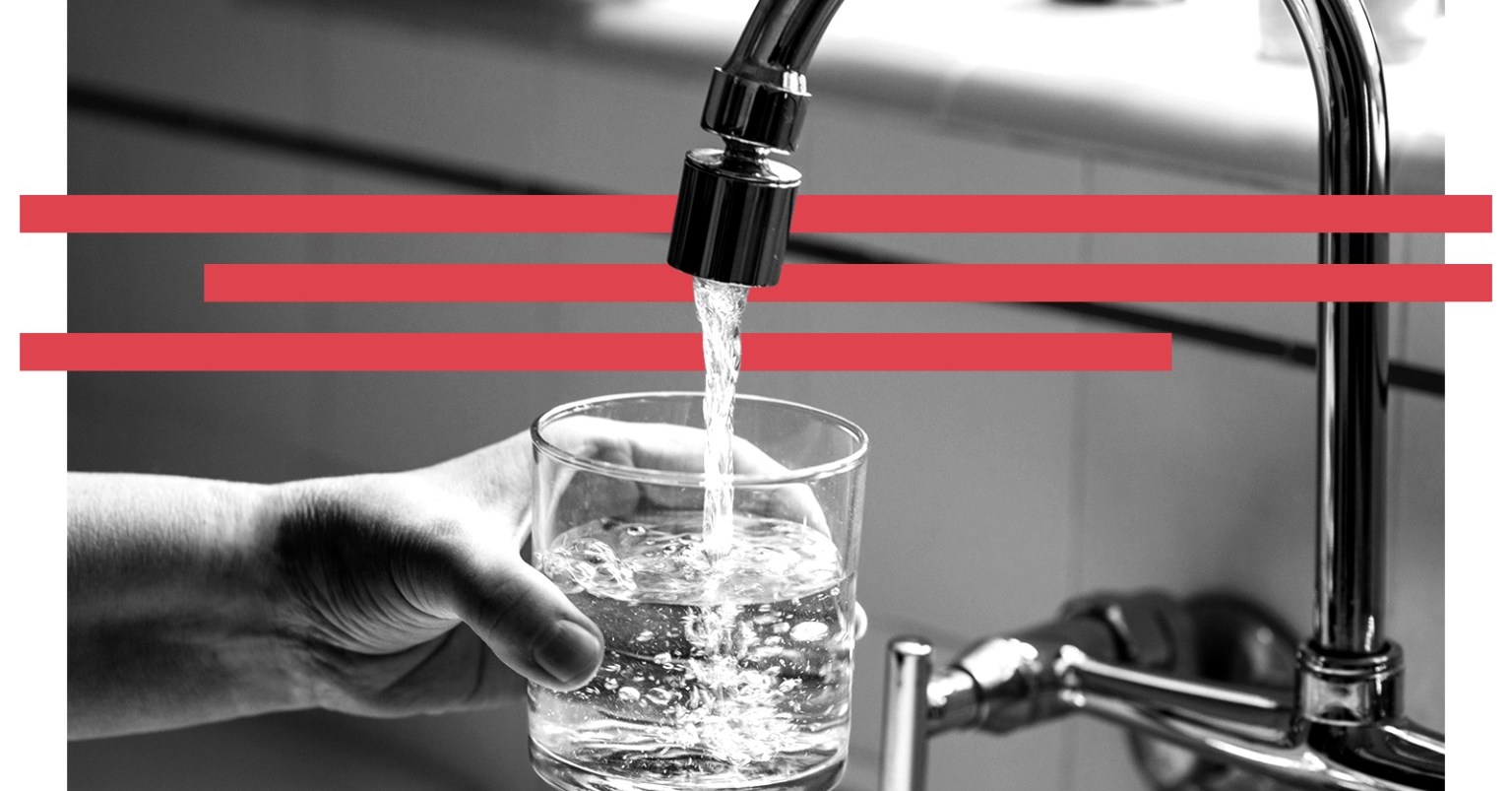 A collage of a black and white photo of a hand holding a glass of water under a kitchen faucet. Three red stripes cross the image behind the spout.