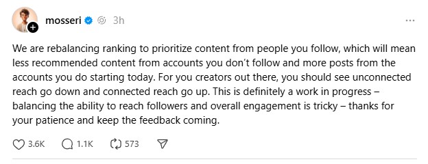 Threads will prioritize accounts you follow instead of randos