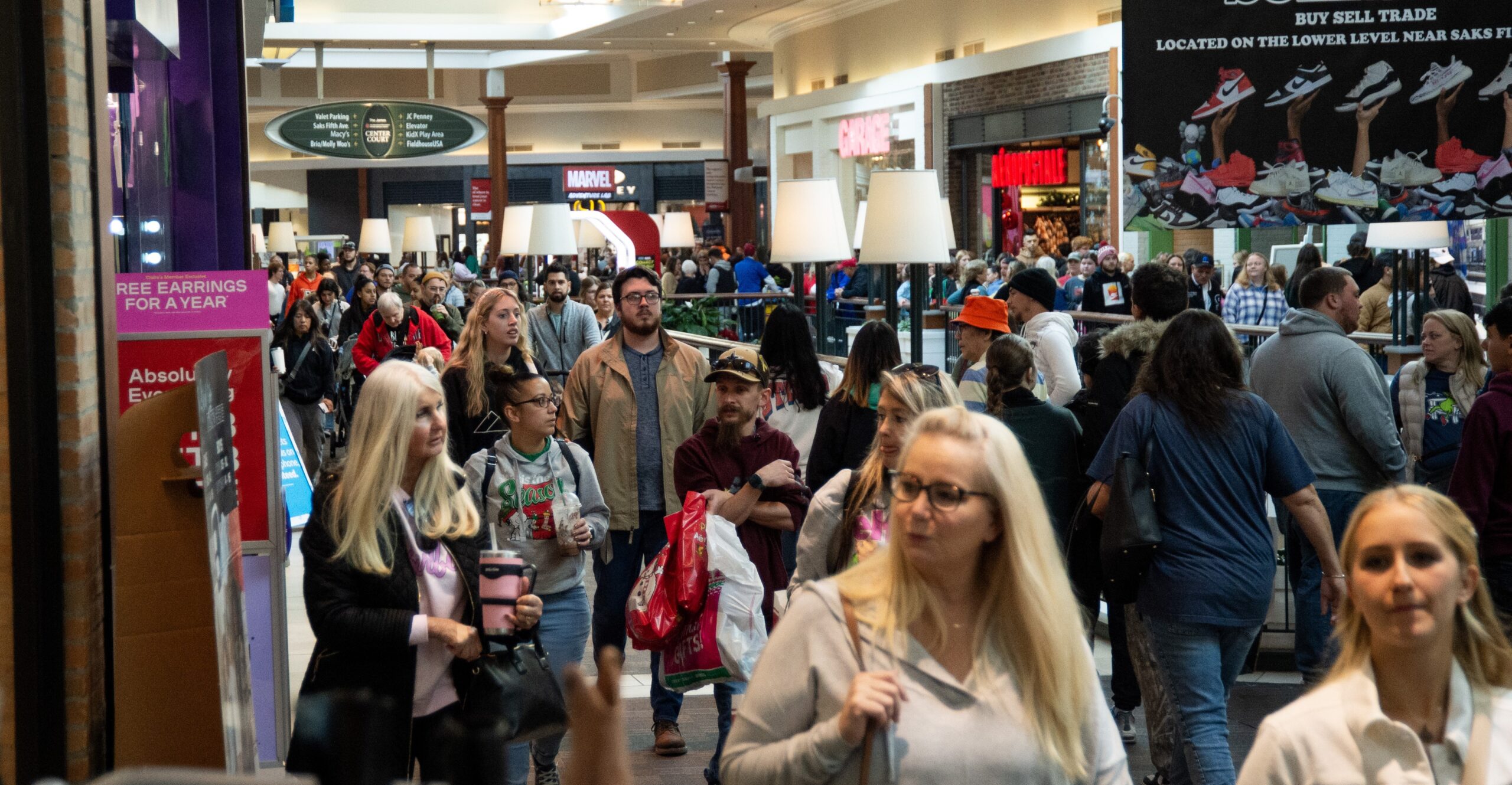 Shoppers inside a busy mall on Black Friday