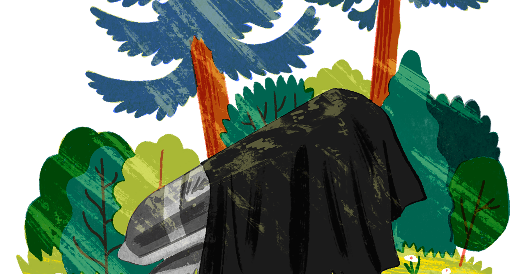 An illustration of a greyscale pod beneath a tarp. The forest surrounding is in vibrant full-color