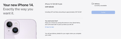 Screenshot of Swiss online Apple Store showing iPhone 14 as unavailable
