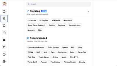 Bluesky page showing the search bar, a list of Trends, and a Recommended list.