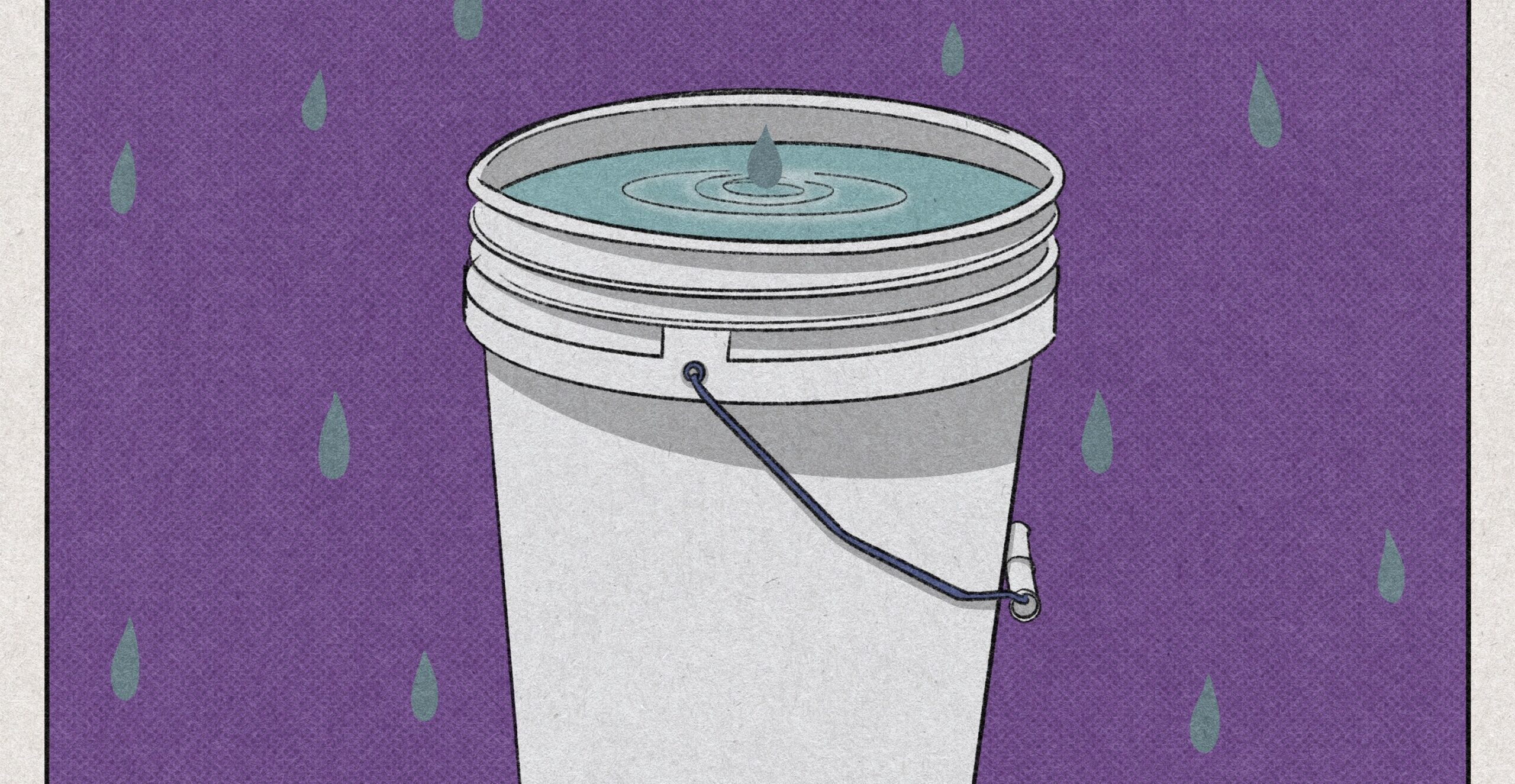 Image: Rain water falls into a bucket. Text: If local rules allow, collecting rainwater for your plants can conserve water and be healthier for them than tap. 