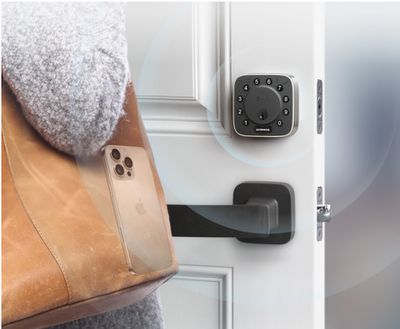 person carrying a tote that shows an iPhone is inside, and there’s a door with a lock and radio waves are coming from it.