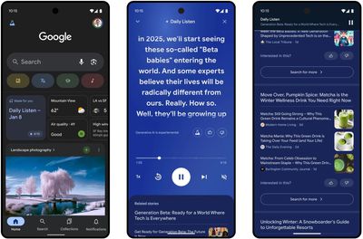 Three screenshots of the Google Labs Daily Listen audio feature.