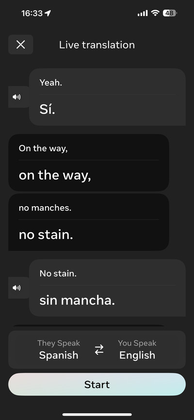 Screenshot of live translation transcript between Spanish and English