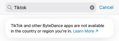 Screenshot saying TikTok and other ByteDance apps aren’t available.