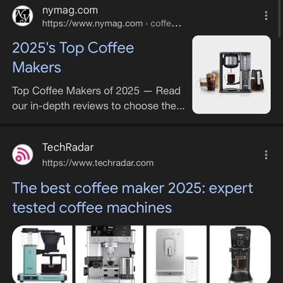 mobile search for best coffee machines, top showing nymag.com &gt; coffee breadcrumb with top coffee makers, next is tech radar’s best coffee machines but no breadcrumbs after URL.