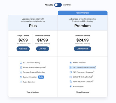 Screenshot showing Arlo’s subscription pricing plans.