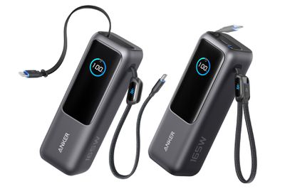 The Anker Power Bank (25K, 165W, Built-In and Retractable Cables) shown in two images with its cables extended and retracted.