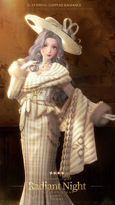 Screenshot from Infinity Nikki featuring the Radiant Night outfit, a long white dress with a wide brimmed white hat.