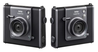 The Fujifilm Instax Wide Evo Hybrid Instant Camera viewed from two different angles.