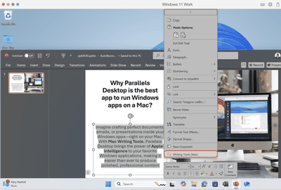 Screenshot showing Microsoft Powerpoint running on a Windows virtual machine. A right-click menu is visible, with “Writing Tools (Mac)” highlighted at the bottom.