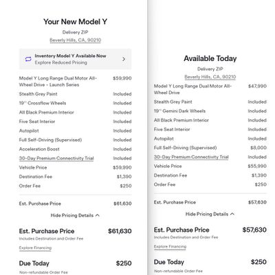 Screenshot comparing pricing for a new Model Y and current Model Y, with the new version estimated at about $4,000 more.