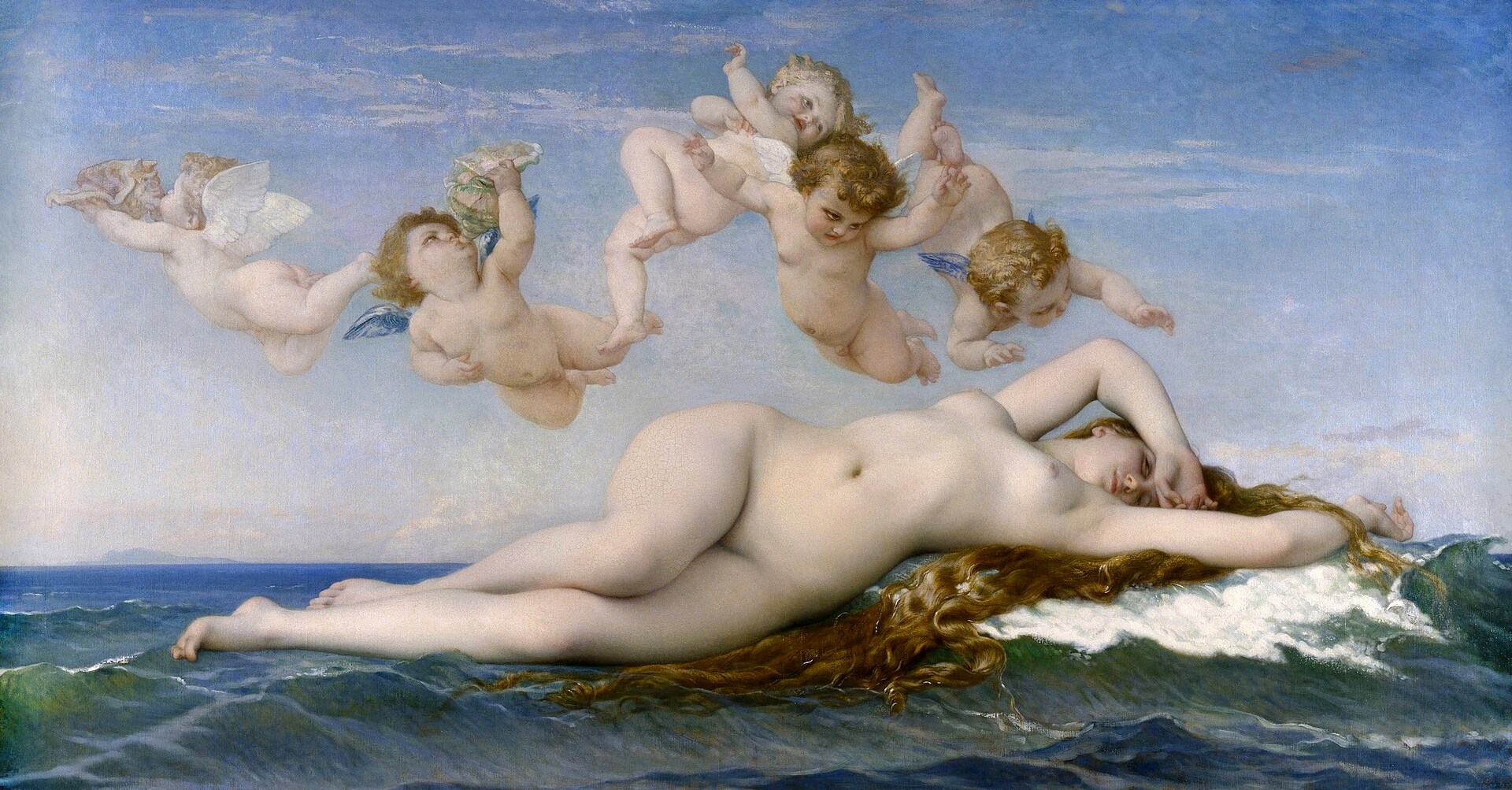 A classical painting showing a naked Venus lying on ocean waves, attended by a group of naked cherubs. 