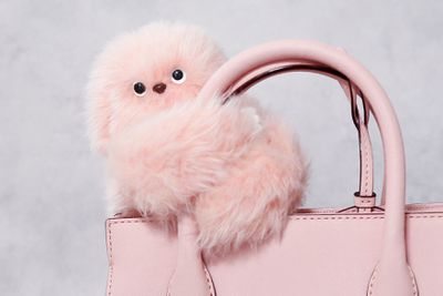 A pink version of Yukai Engineering’s Mirumi robot grasping the handle of a handbag.