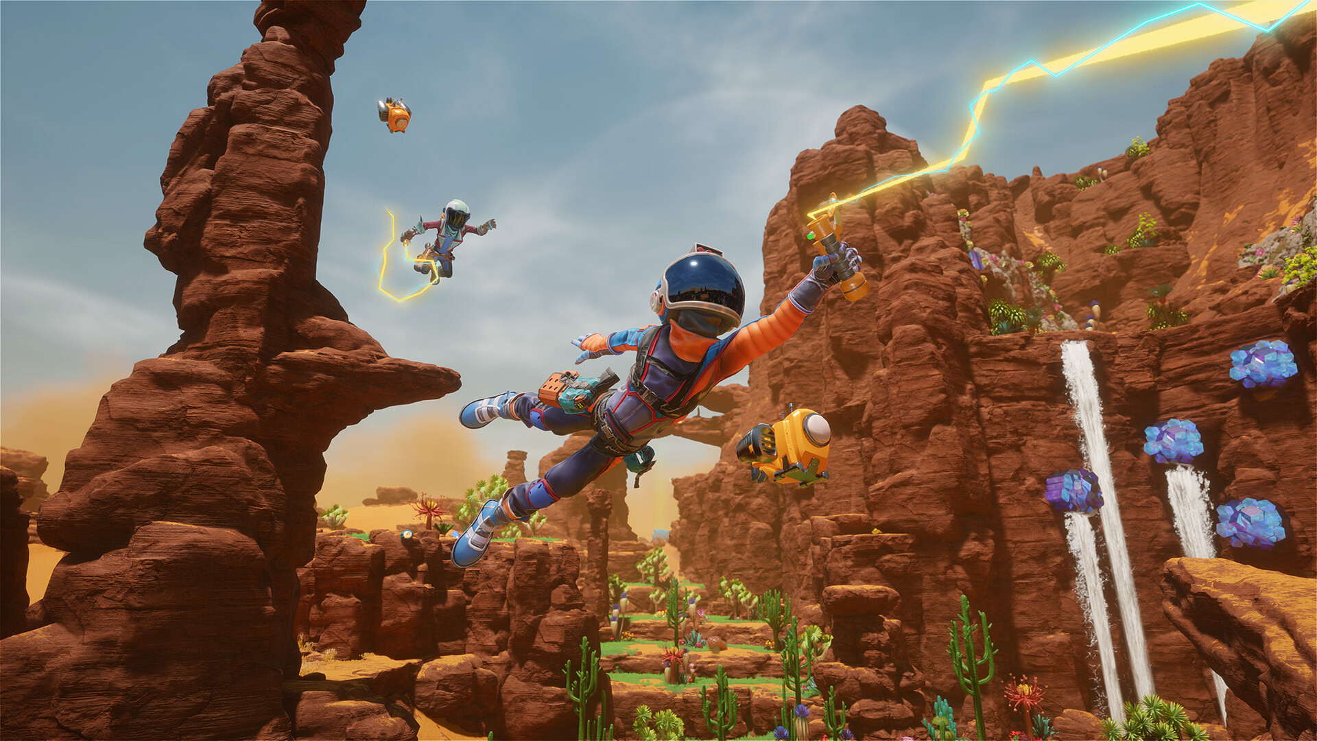 Video game screenshot from Revenge of the Savage Planet. Helmeted characters grapple across chasms.