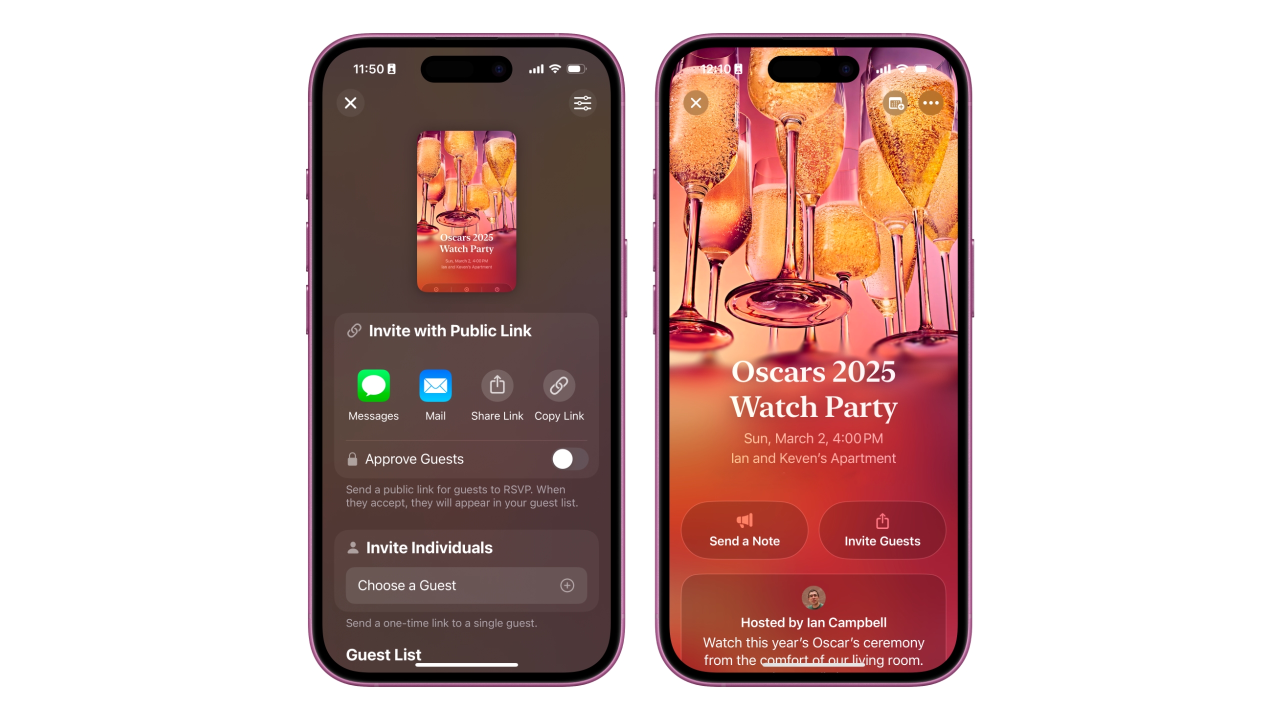 The Invite Guests screen from the Apple Invites app, next to a preview of an invitation.