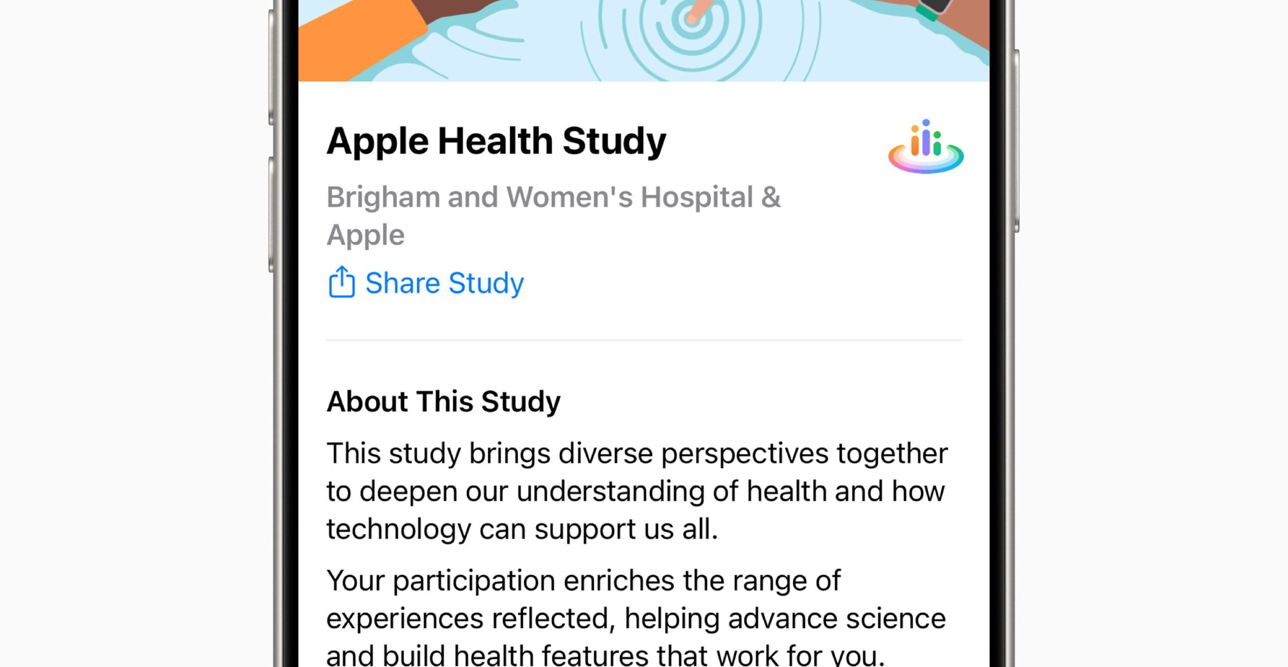 Screenshot of the “About This Study” page for the Apple Health Study on an iPhone. It describes the goals of the study, the user’s ability to control what data is shared, and the study’s partner Brigham and Women’s Hospital.