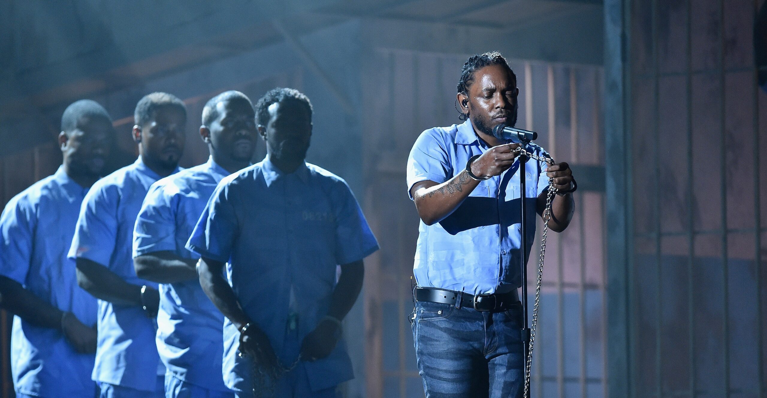 Rapper Kendrick Lamar performing onstage