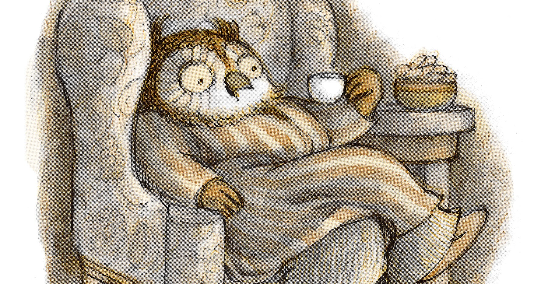 An illustration of an owl in an easy chair holding a teacup.