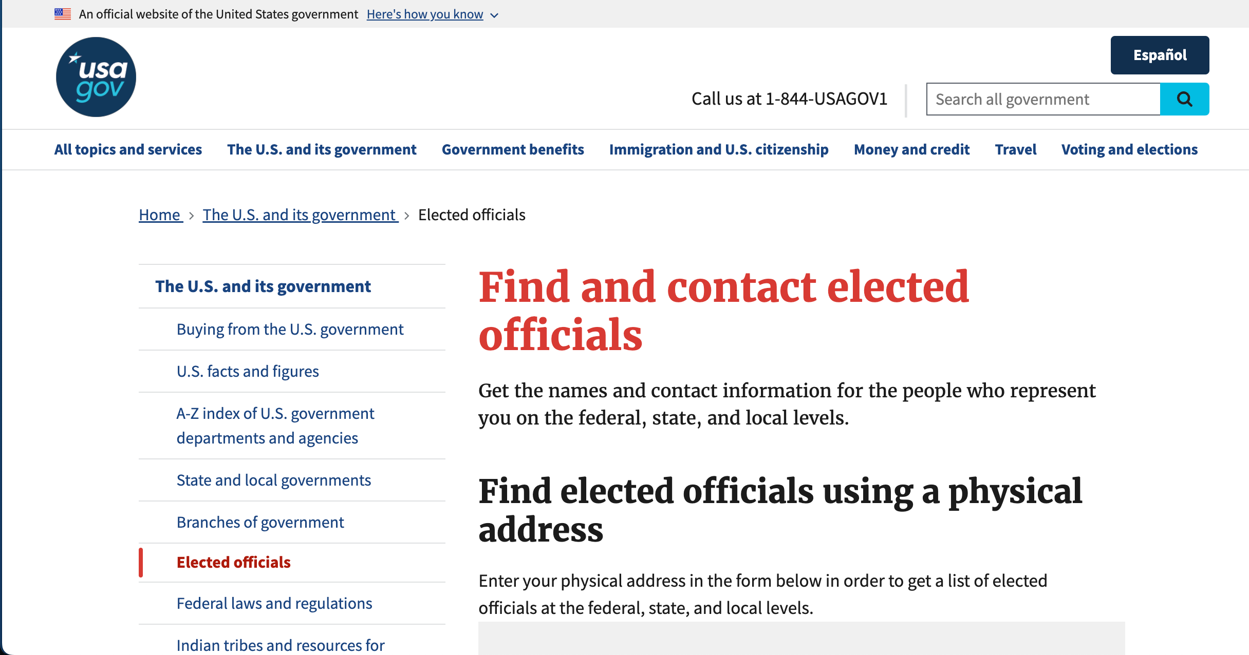 USA.gov home page with main headlines that say Find and contact elected officials, and Find elected officials using a physical address