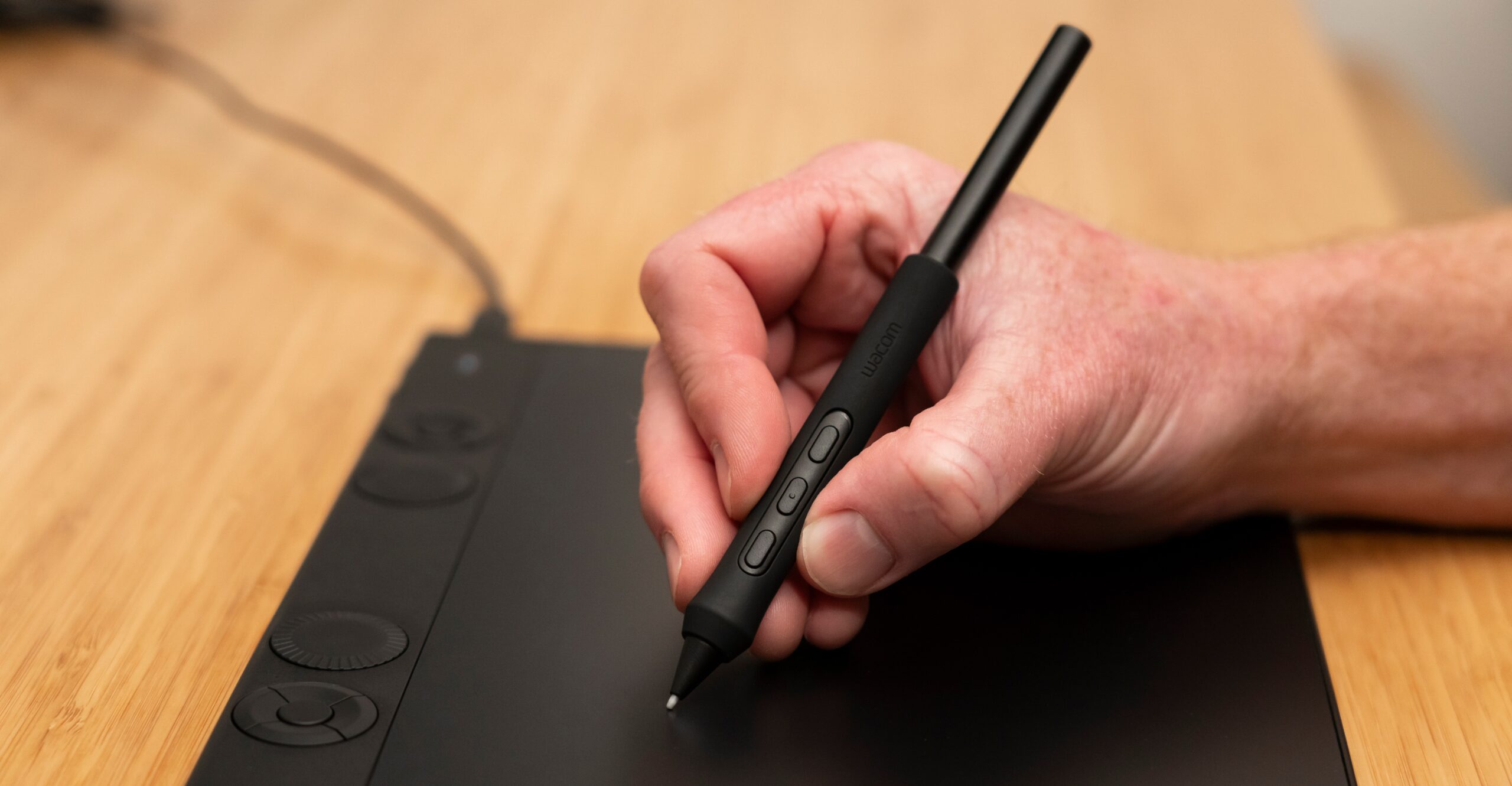 The Wacom Intuos Pro tablet being used with a Pro Pen 3 stylus.