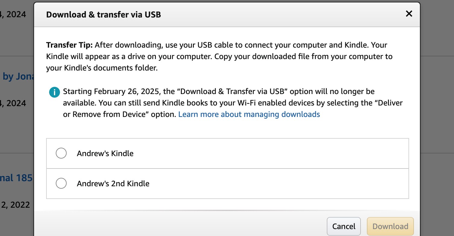 A screenshot of Amazon’s website showing a warning that a feature for downloading ebooks is being removed.