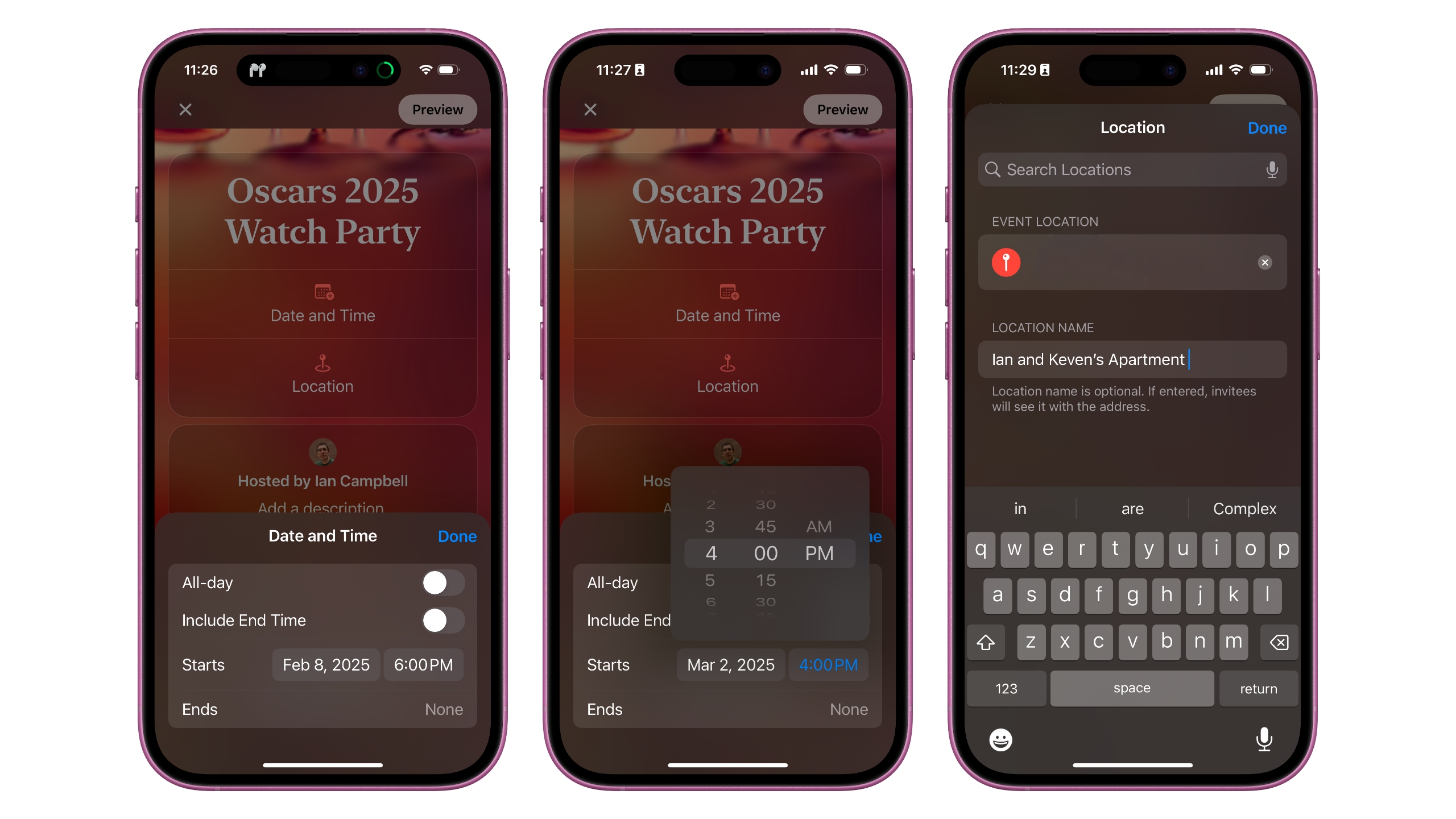 The invite date, time, and location pickers in the Apple Invites app.