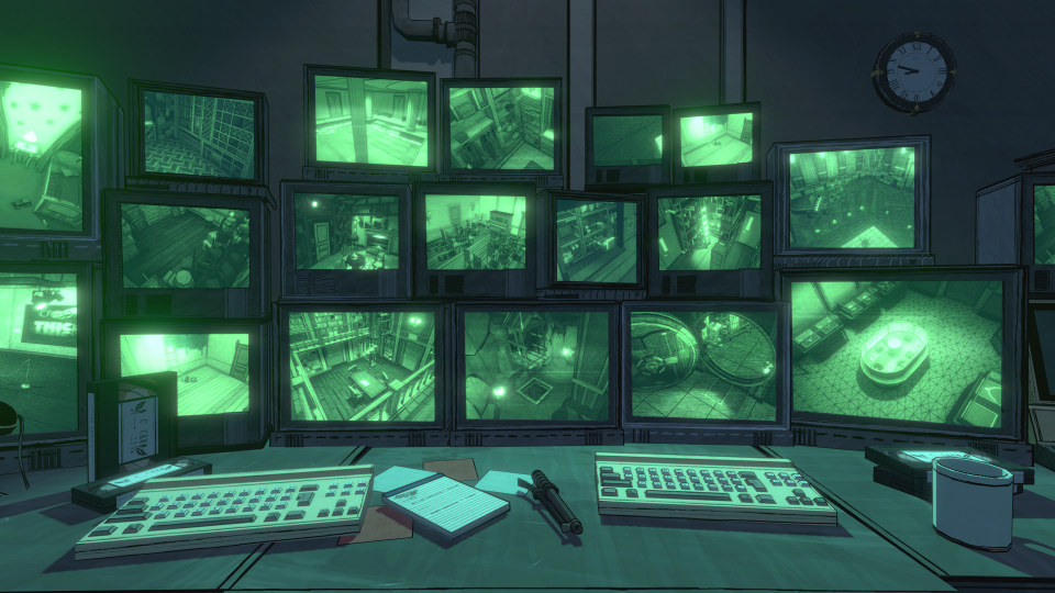 Video game screenshot from Blue Prince. View of a bunch of surveillance monitors with green screens.