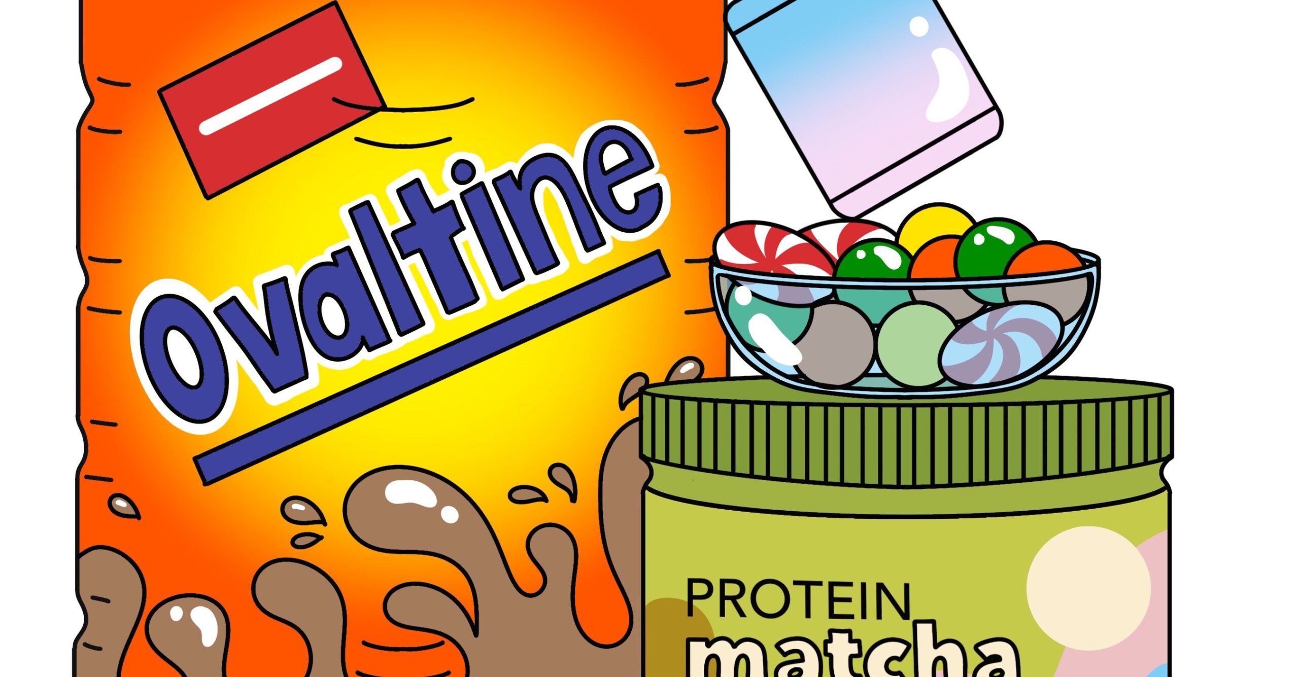 An illustration of Ovaltine next to a stacked tower of protein matcha powder, a glass bowl of hard candies, and a vape