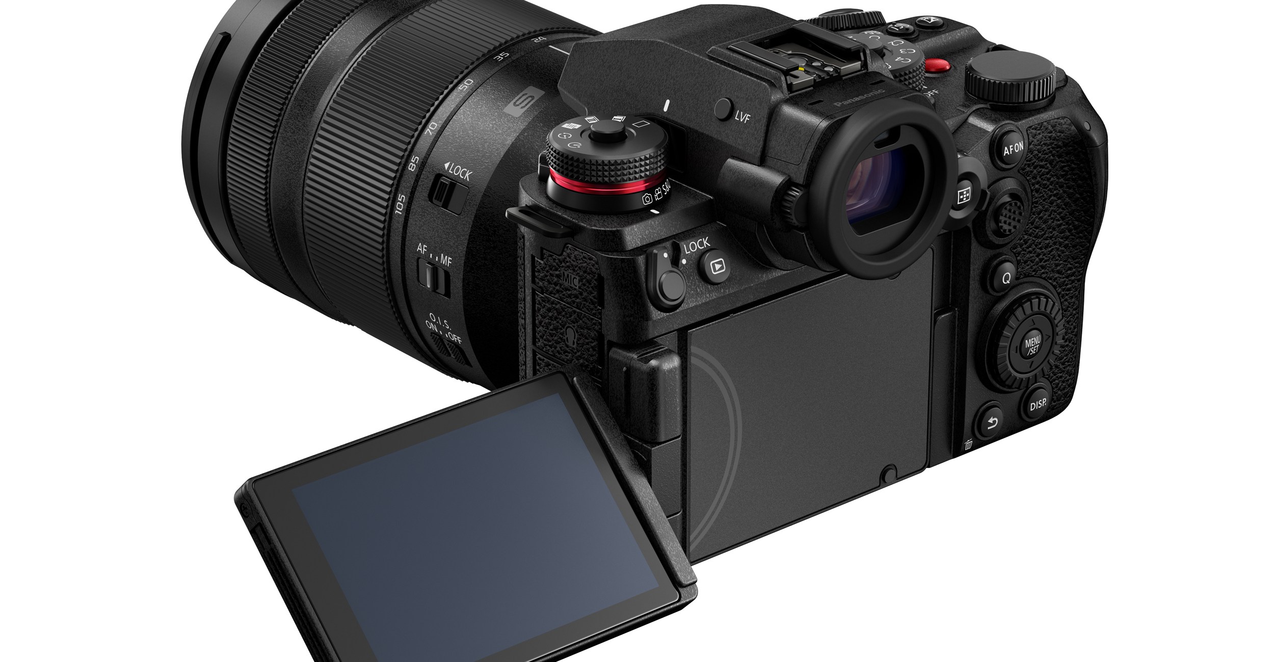 The back of the Panasonic Lumix S1RII showing its articulated touchscreen opened.