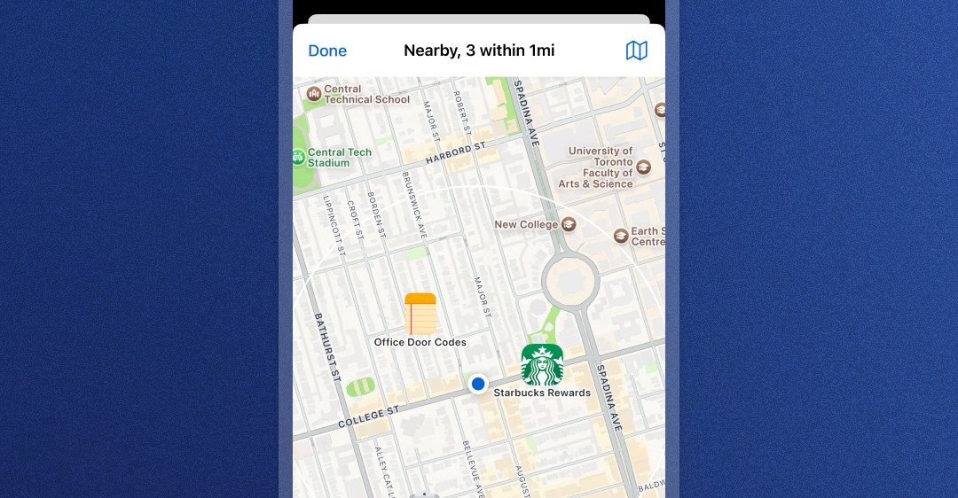 A screenshot showing a map view in the 1Password mobile app.