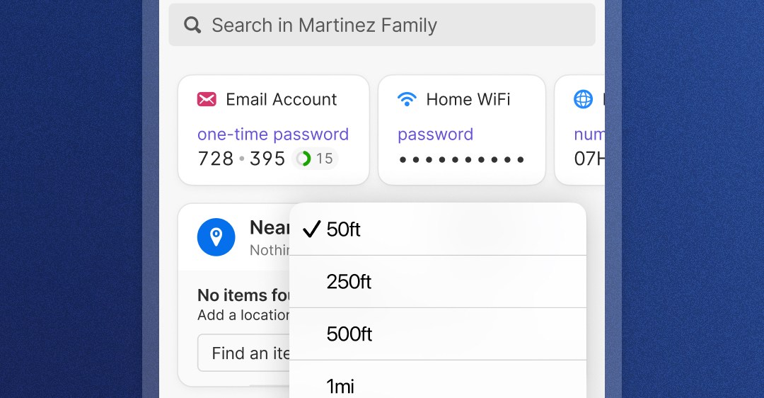 A screenshot showing the range options for stored passwords with location data in the 1Password mobile app.