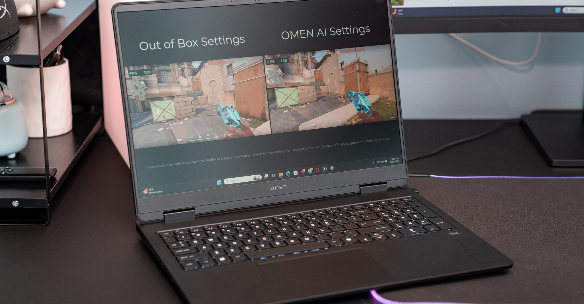 The HP Omen 16 Slim sitting on a desk with an RGB-illuminated desk mat.