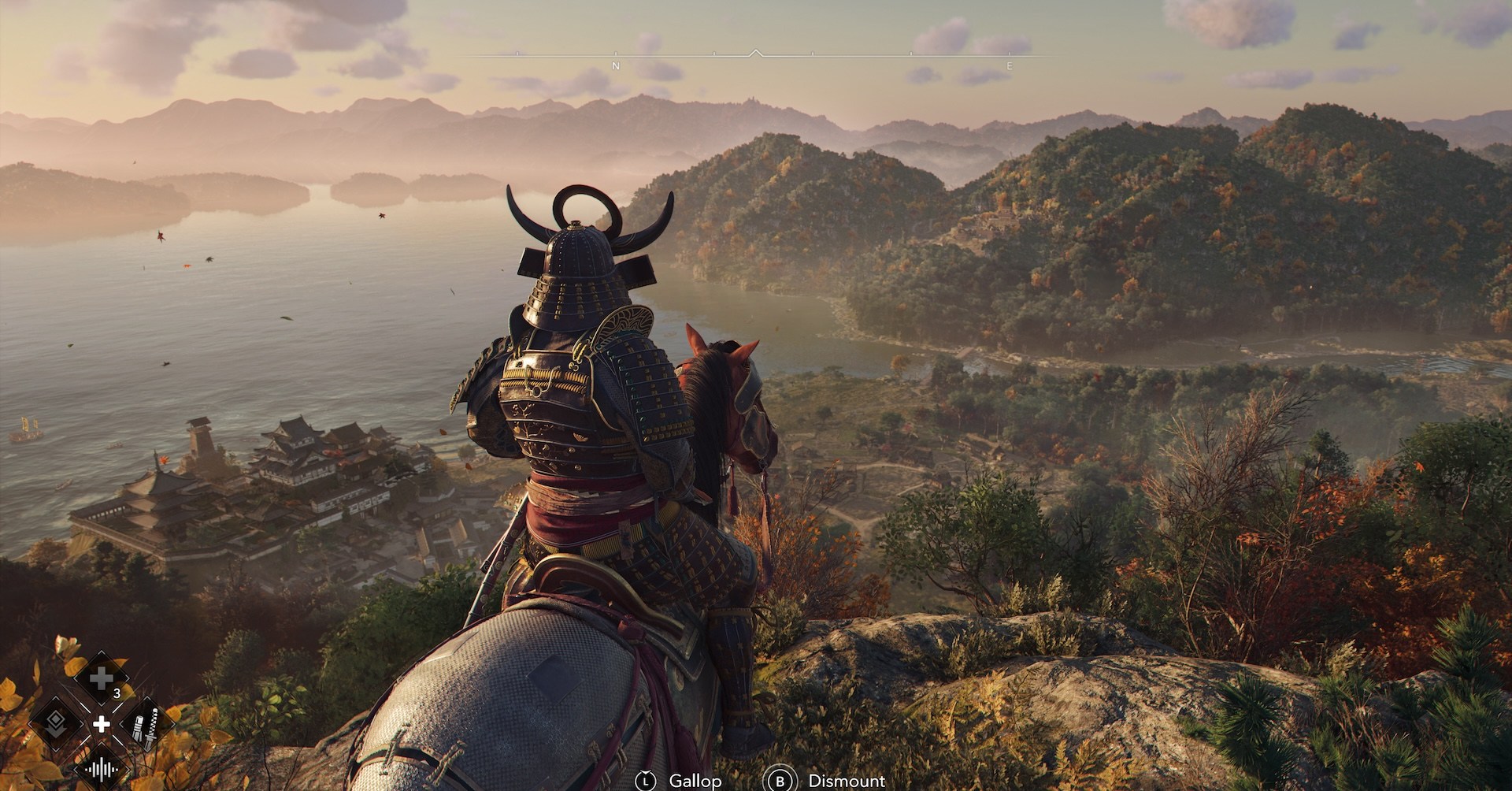 Screenshot from Assassinâ€™s Creed Shadows featuring the samurai Yasuke overlooking the Japanese countryside on his horse.