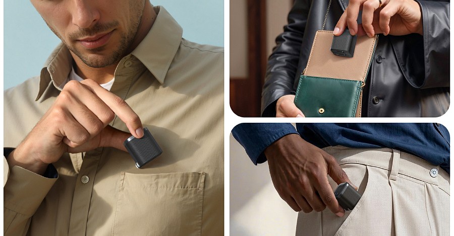 An image collage showing Anker’s tiny 45W USB-C charger being slipped into pockets and purses.