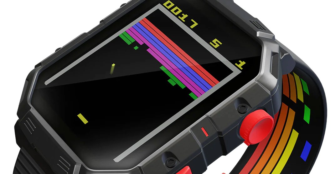 A close-up of the Atari 2600 My Play Watch with Super Breakout being played on its screen.