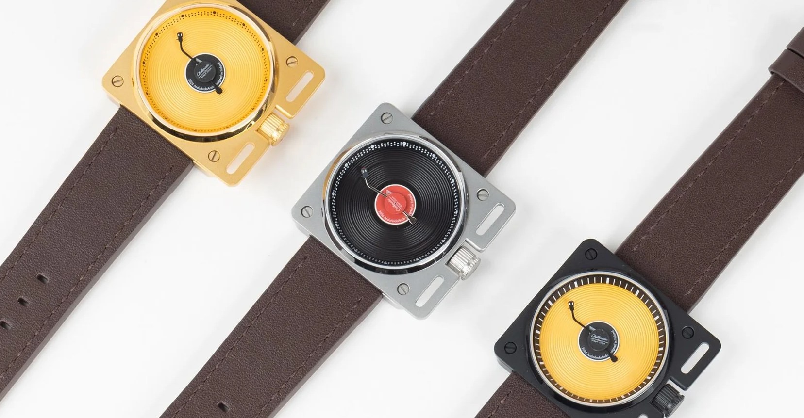 AndoAndoAndo’s Record Player watch pictured in three different finishes with leather straps attached.