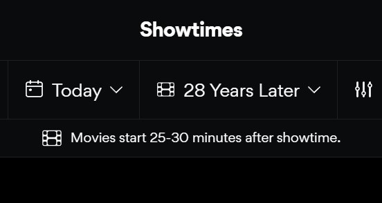 A screenshot taken on the AMC website that says “movies start 25-30 minutes after showtime.”