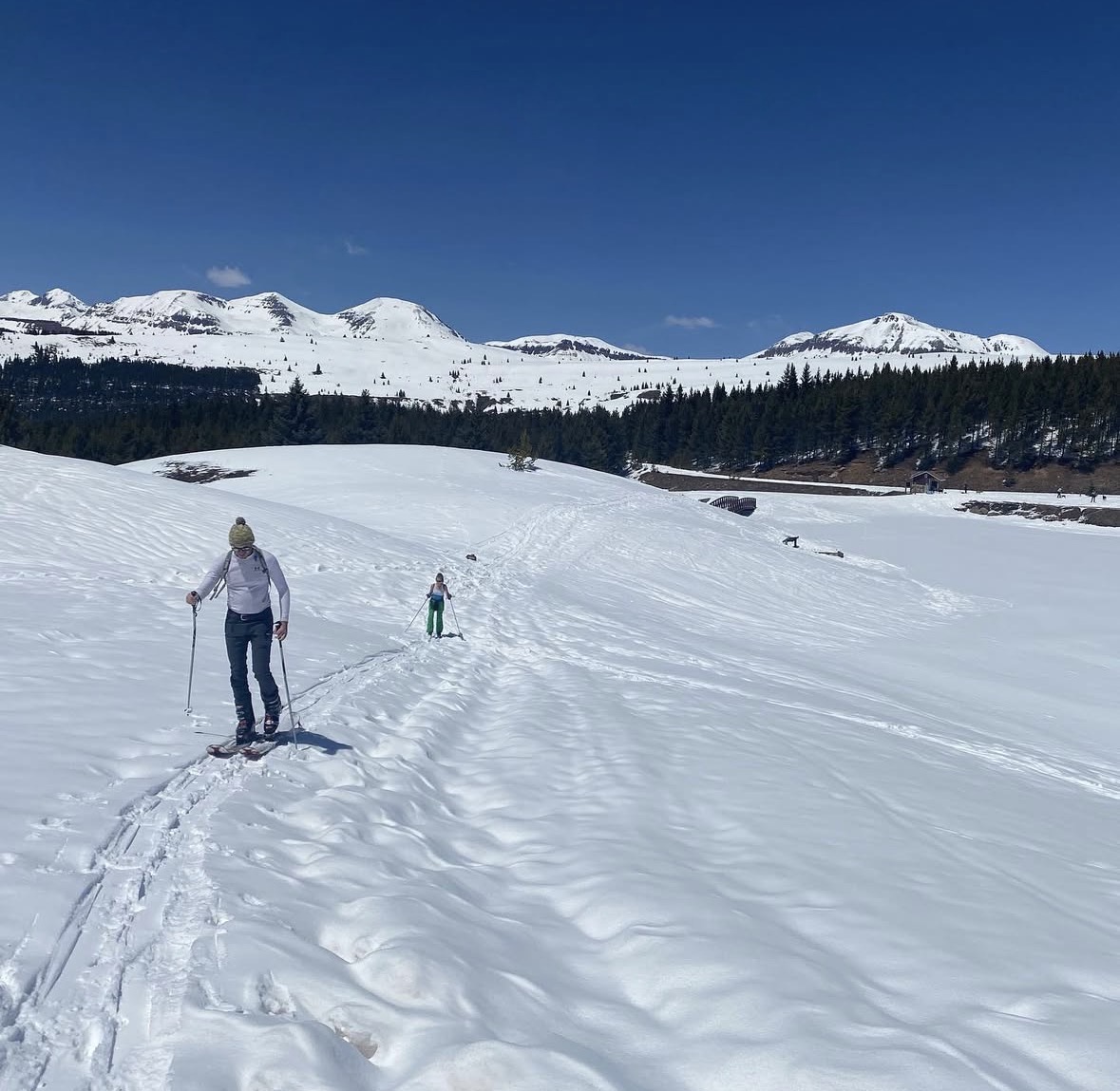 Two people cross-country skiing