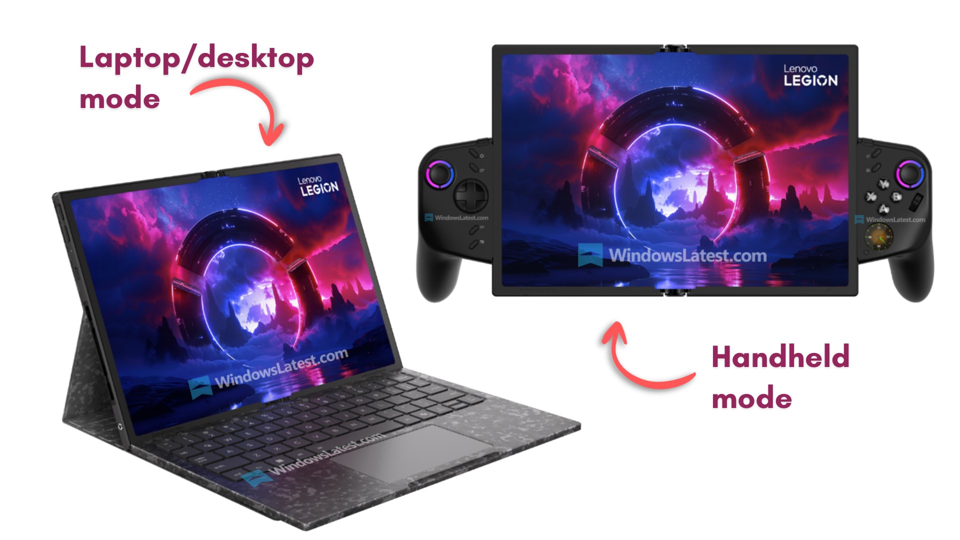 Leaked images of the Lenovo Legion Go Fold in handheld and laptop mode, via Windows Latest Leaked images of the Lenovo Legion Go Fold in handheld and laptop mode, via Windows Latest