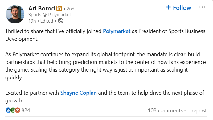 Screenshot of a LinkedIn post from Ari Borod announcing he has joined Polymarket as President of Sports Business Development, describing plans to expand global partnerships and grow prediction markets, with visible engagement metrics and comments.