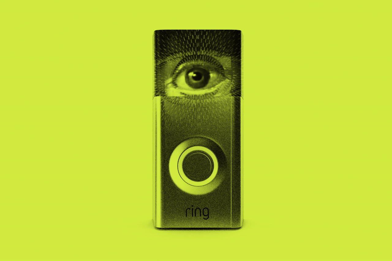 A photo illustration of an eye in the center of a Ring doorbell camera.