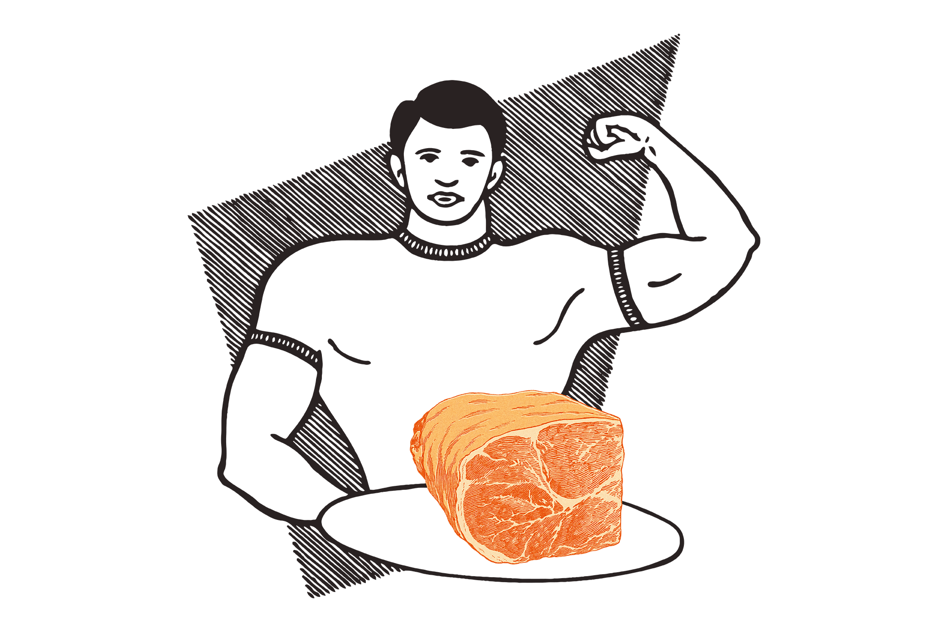 an illustrated man flexes his muscles while holding a large portion of meat on a plate