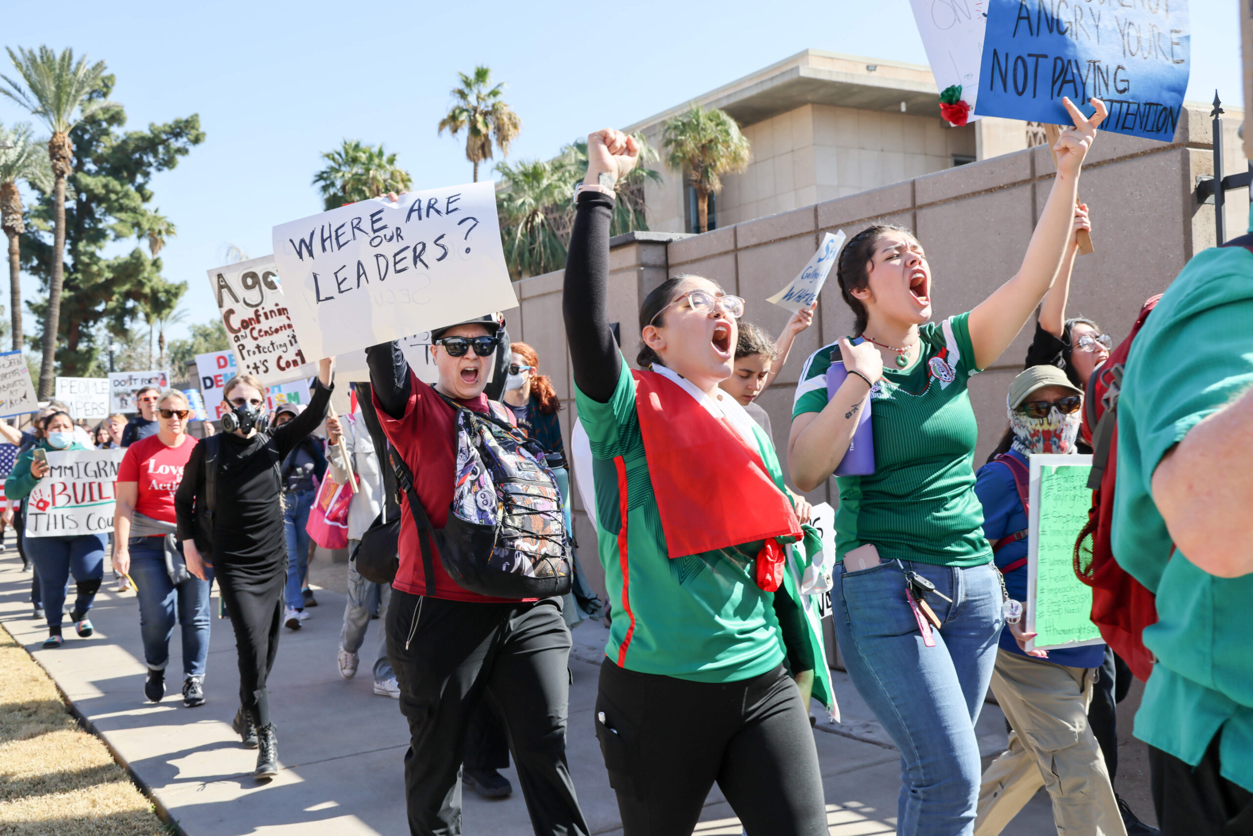 Hundreds of people gathered for a protest and march at the Arizona State Capitol Building