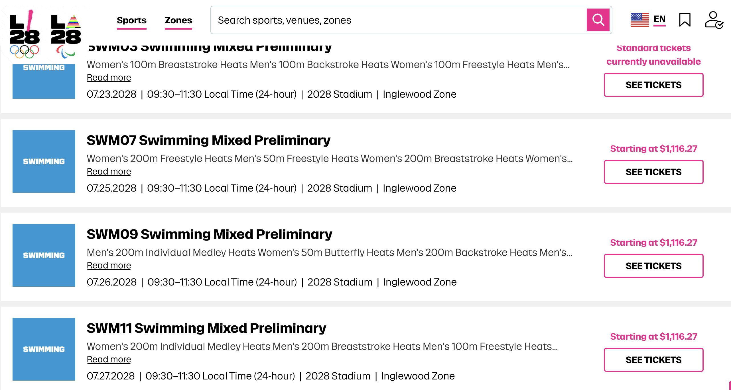 Screenshot of 2028 Olympic ticket selection page for swimming
