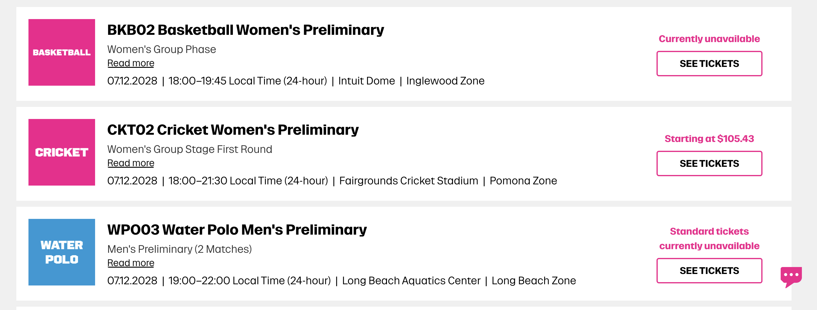 Screenshot of 2028 Olympic ticket selection page 